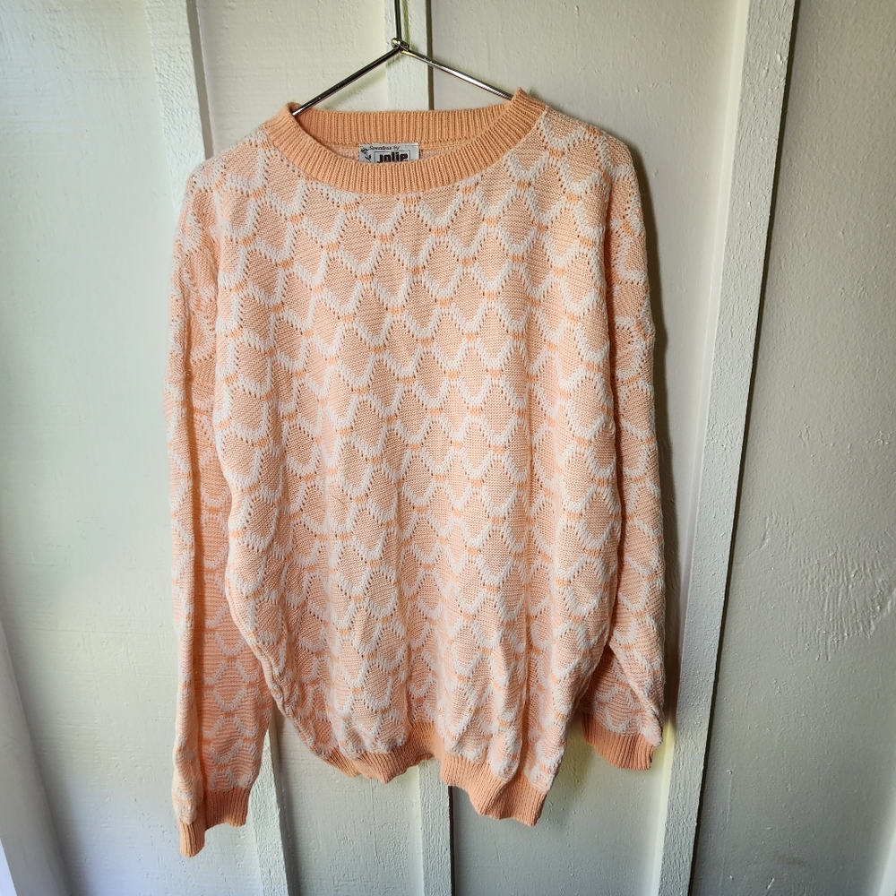80s Peach & White Knit Sweater By Sweaters By Jolie Vintage Grandpa